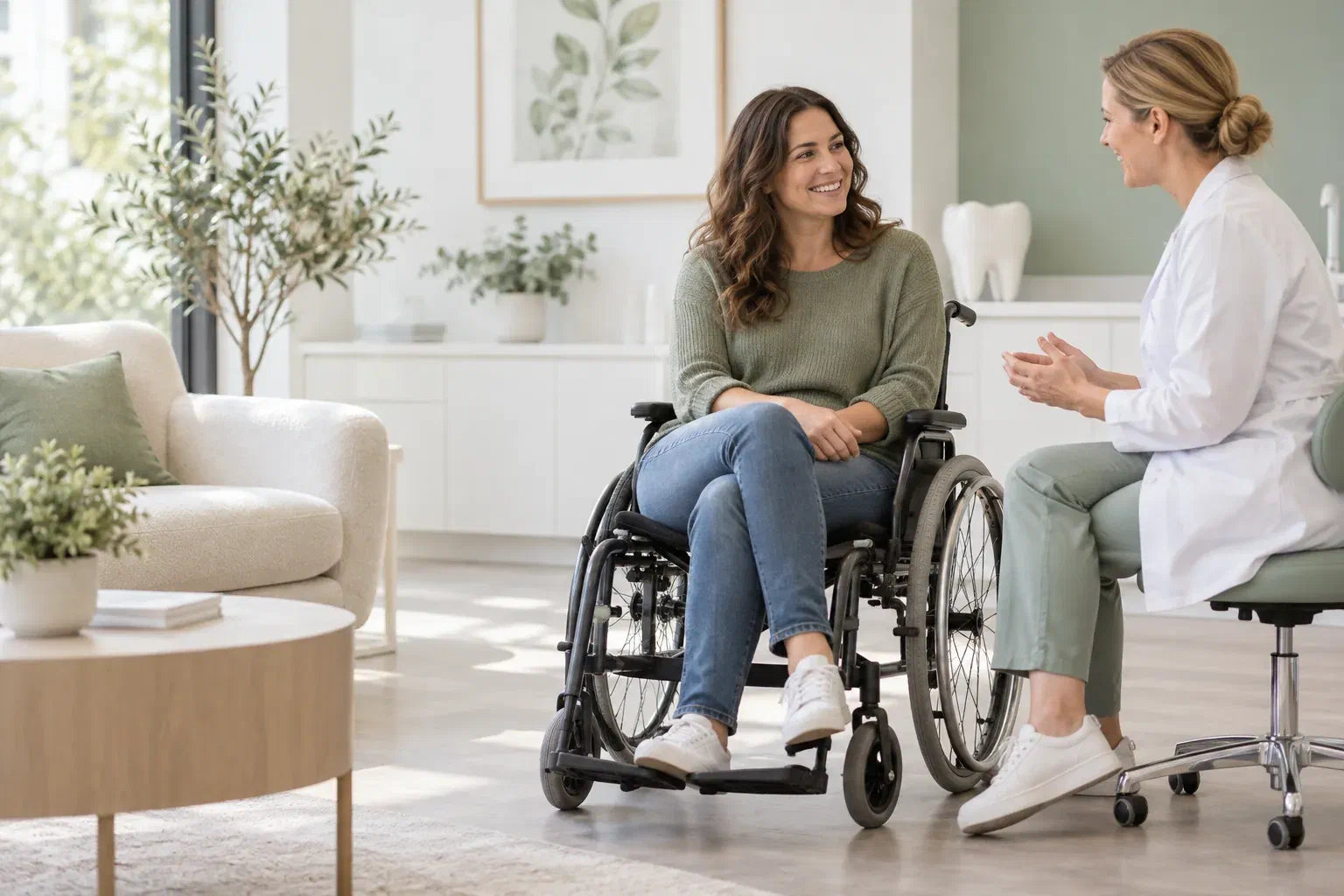Illustrative consultation with a wheelchair user, not a photograph of the clinic or its access facilities