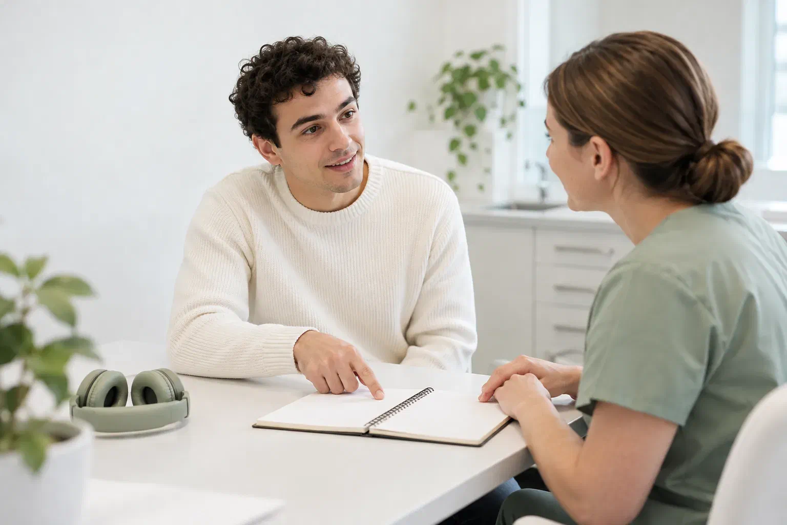 Illustrative patient-led dental conversation using a notebook for communication