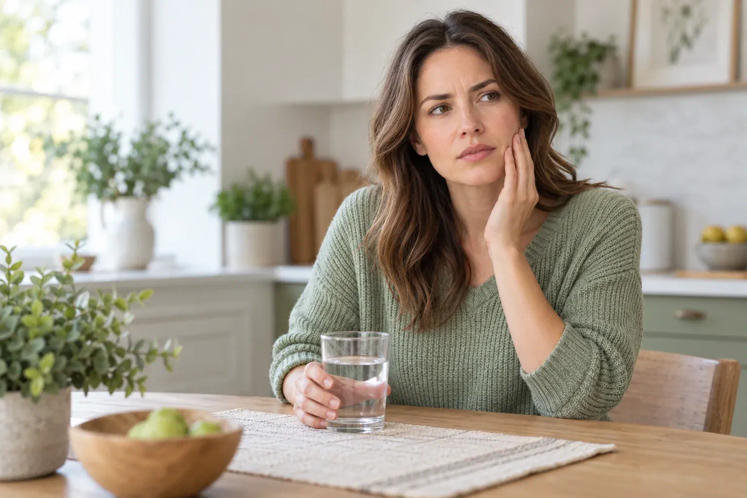 A woman pausing with a glass of water and a hand resting near her cheek