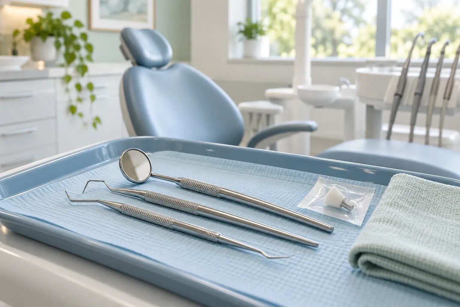 Dental hygiene instruments arranged on a clean tray in a treatment room