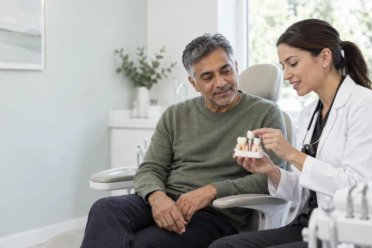 Illustrative patient and dentist discussion about replacing an older crown
