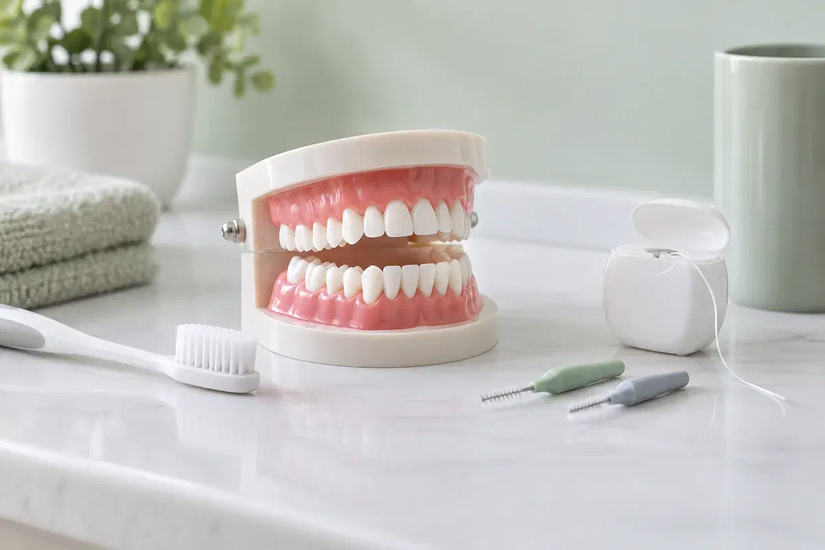 Dental teaching model with a toothbrush, interdental brushes, and floss