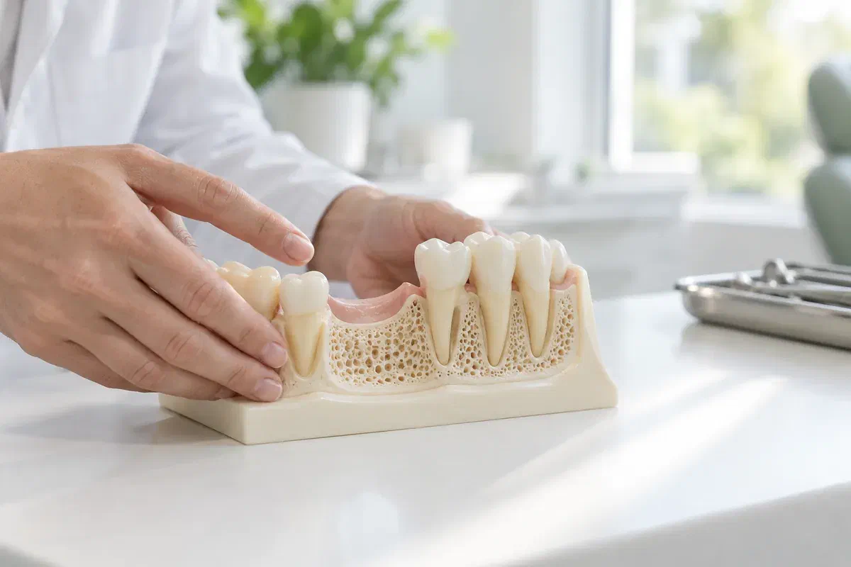 Educational jawbone model showing the contour beneath a missing tooth