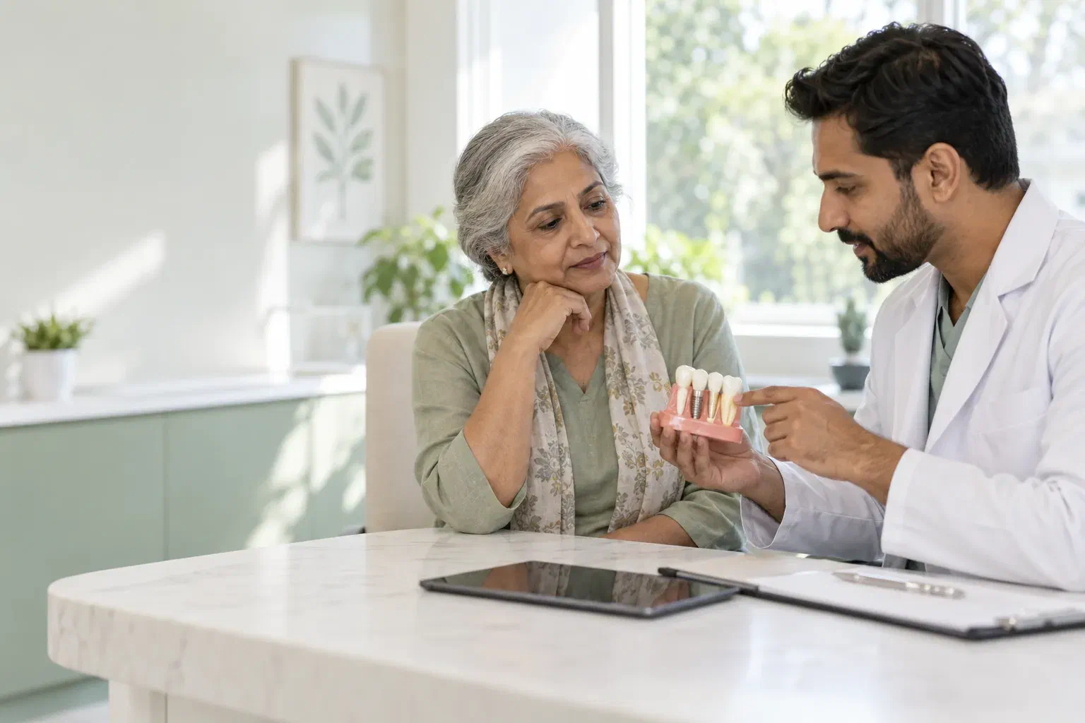 Illustrative older adult discussing implant options with a dentist