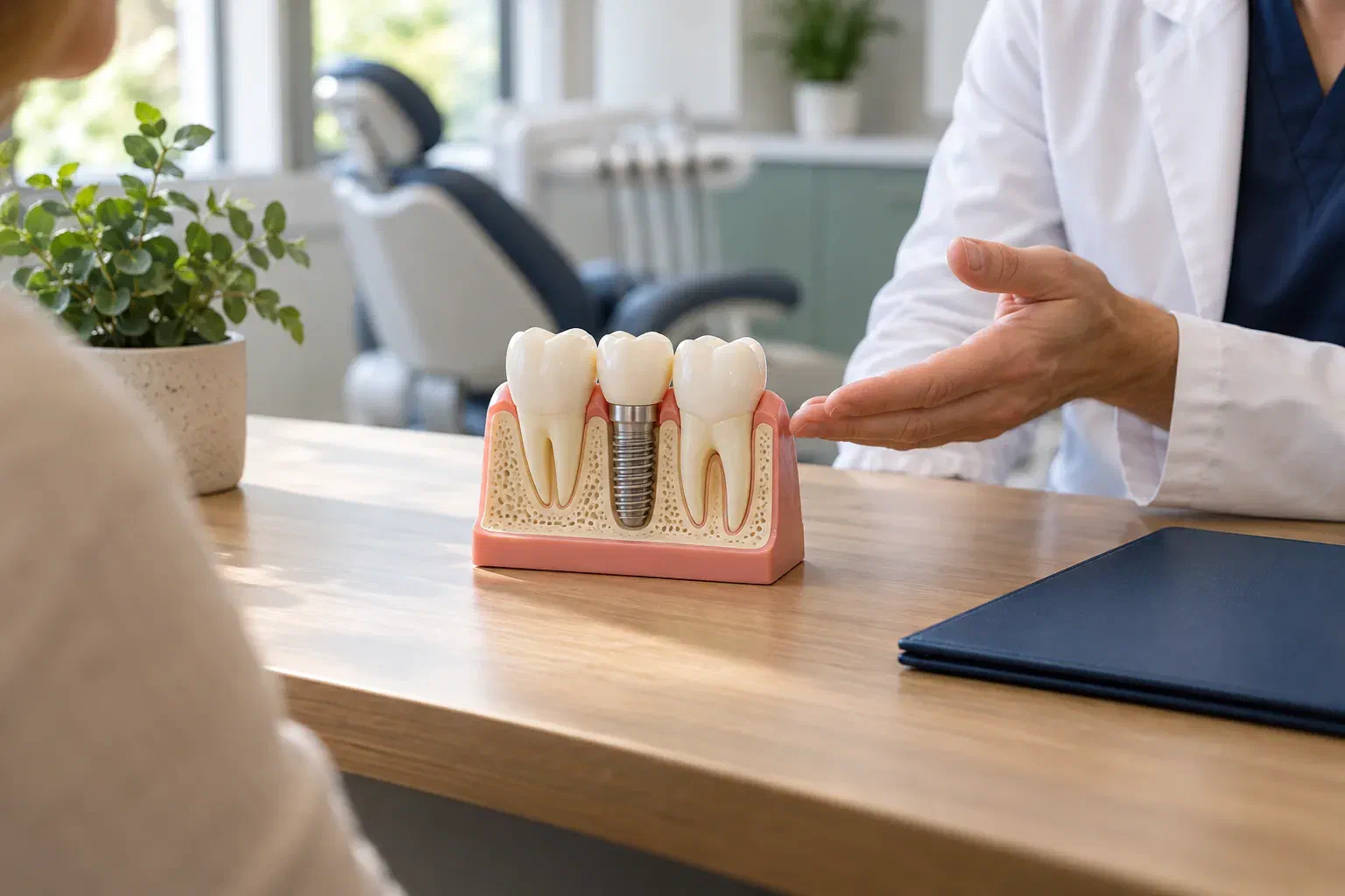 An implant demonstration model on a consultation desk