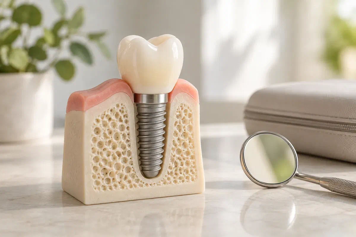 Illustrative model of a dental implant and attached crown within a bone-and-gum cross-section