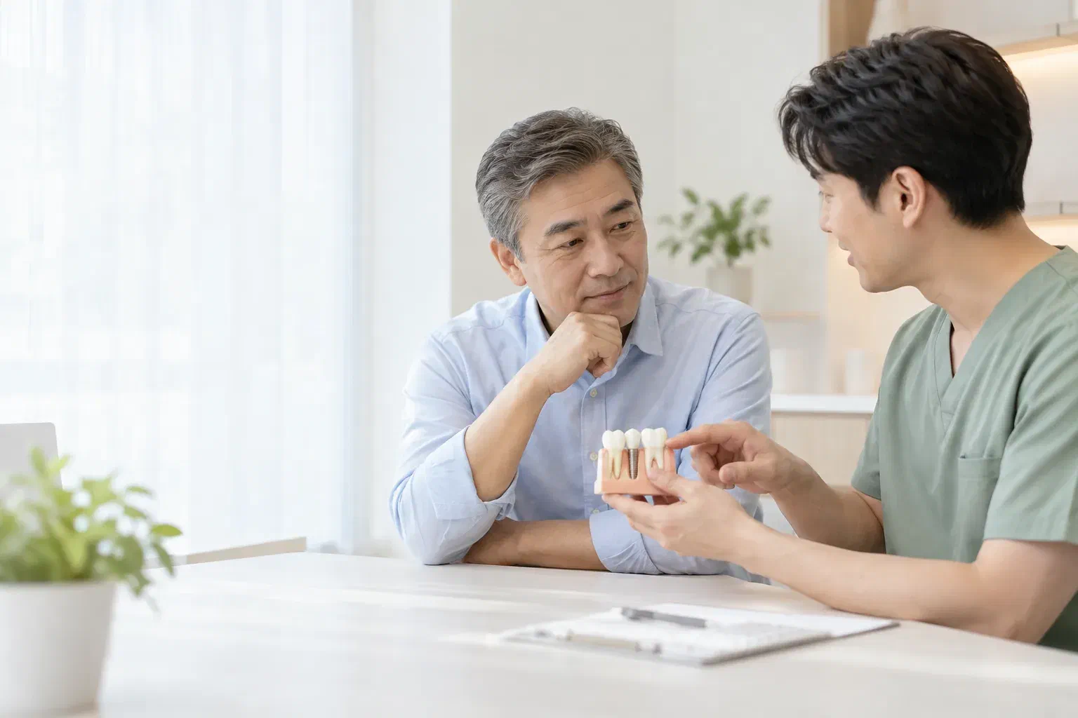 Illustrative patient discussing an implant concern with a clinician and dental model