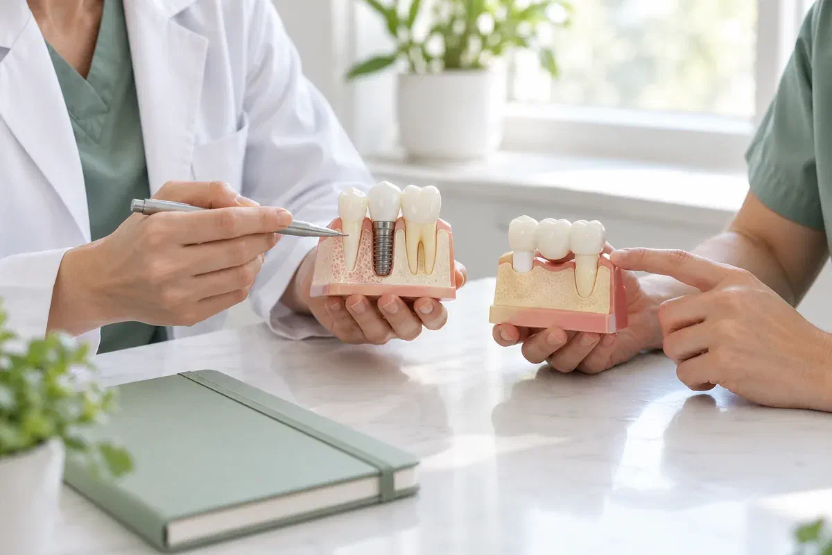 Dental professionals comparing implant and bridge teaching models