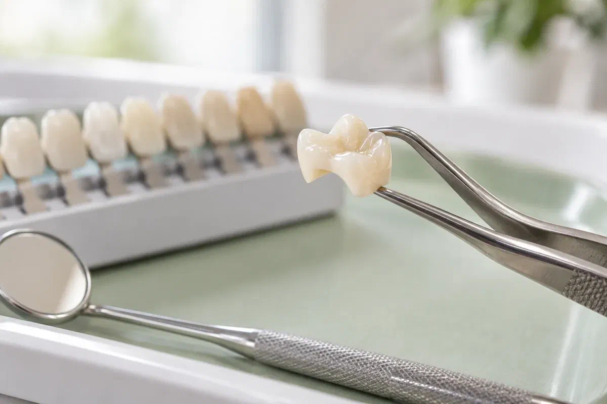 Illustrative ceramic partial-coverage restoration held above a dental tray