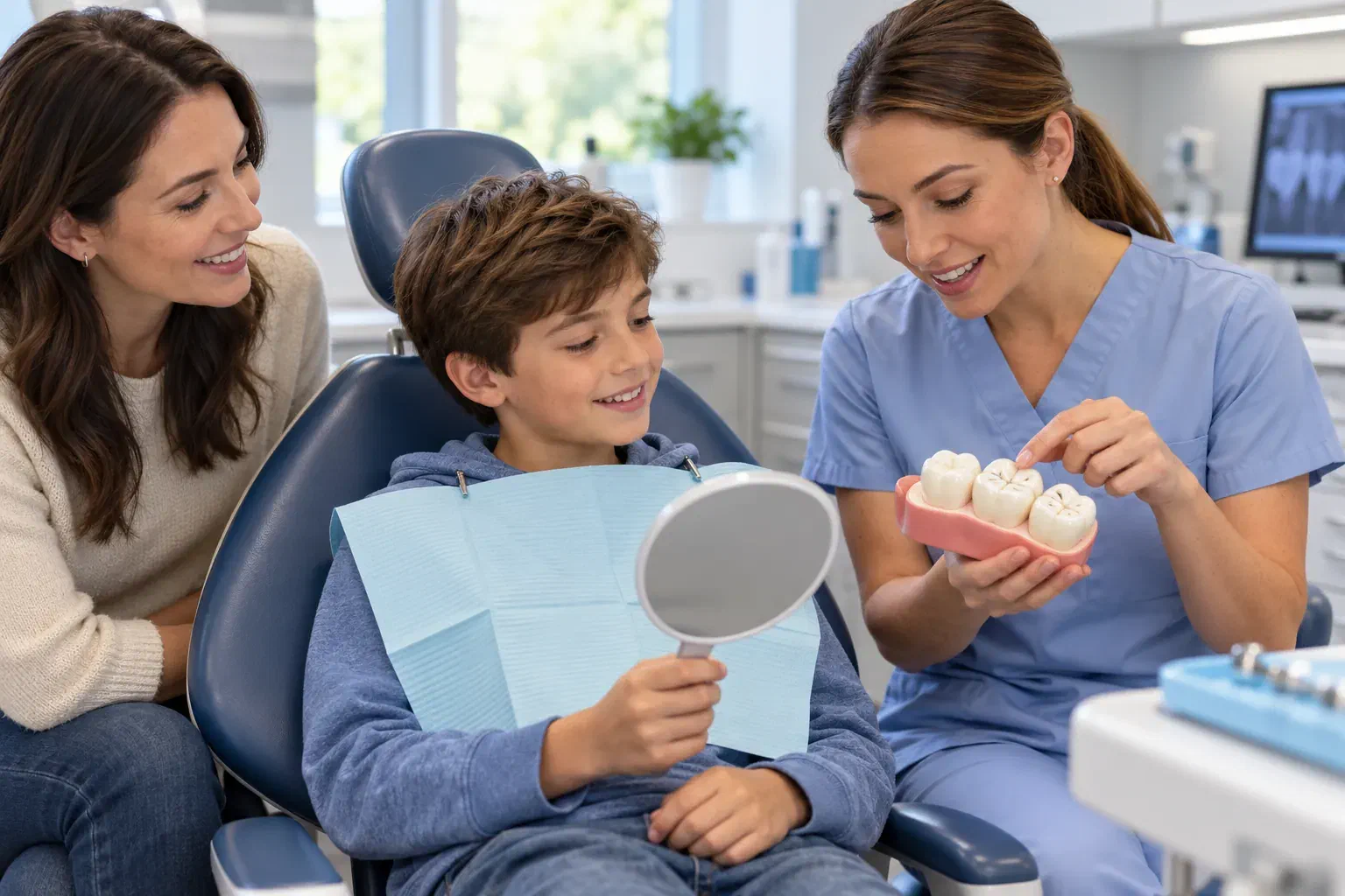 A child and dental professional discussing a molar's chewing surface