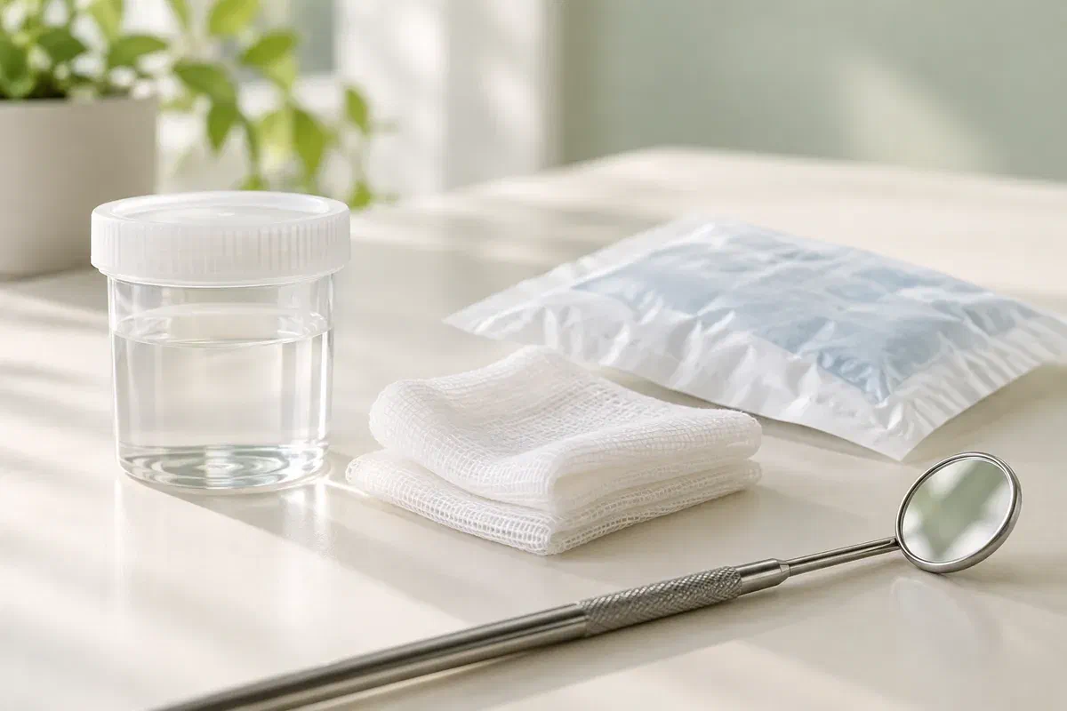 Illustrative dental first-aid supplies with a closed container, gauze, and cold compress