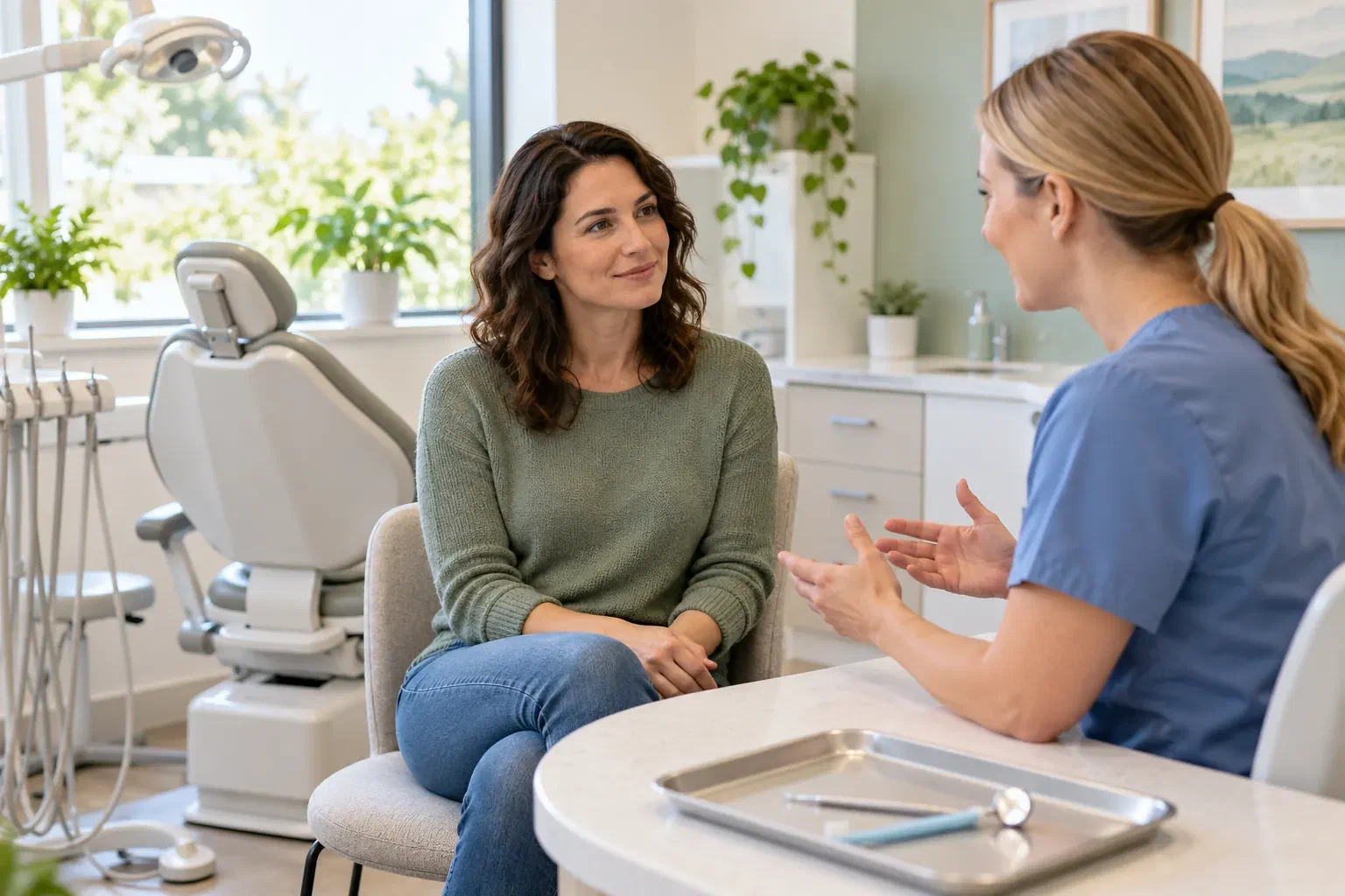 A patient discussing a dental visit while seated upright beside a dental chair