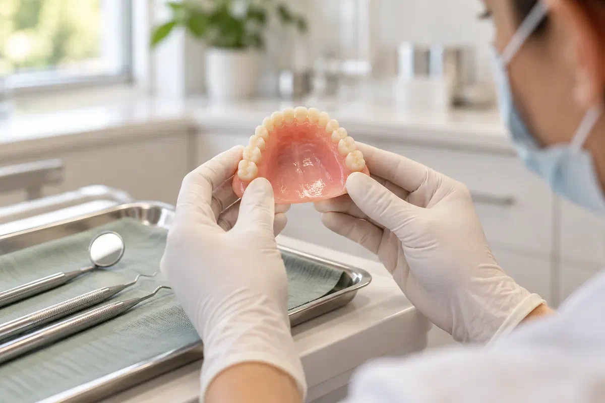 Gloved dental professional examining the fitting surface of an upper denture