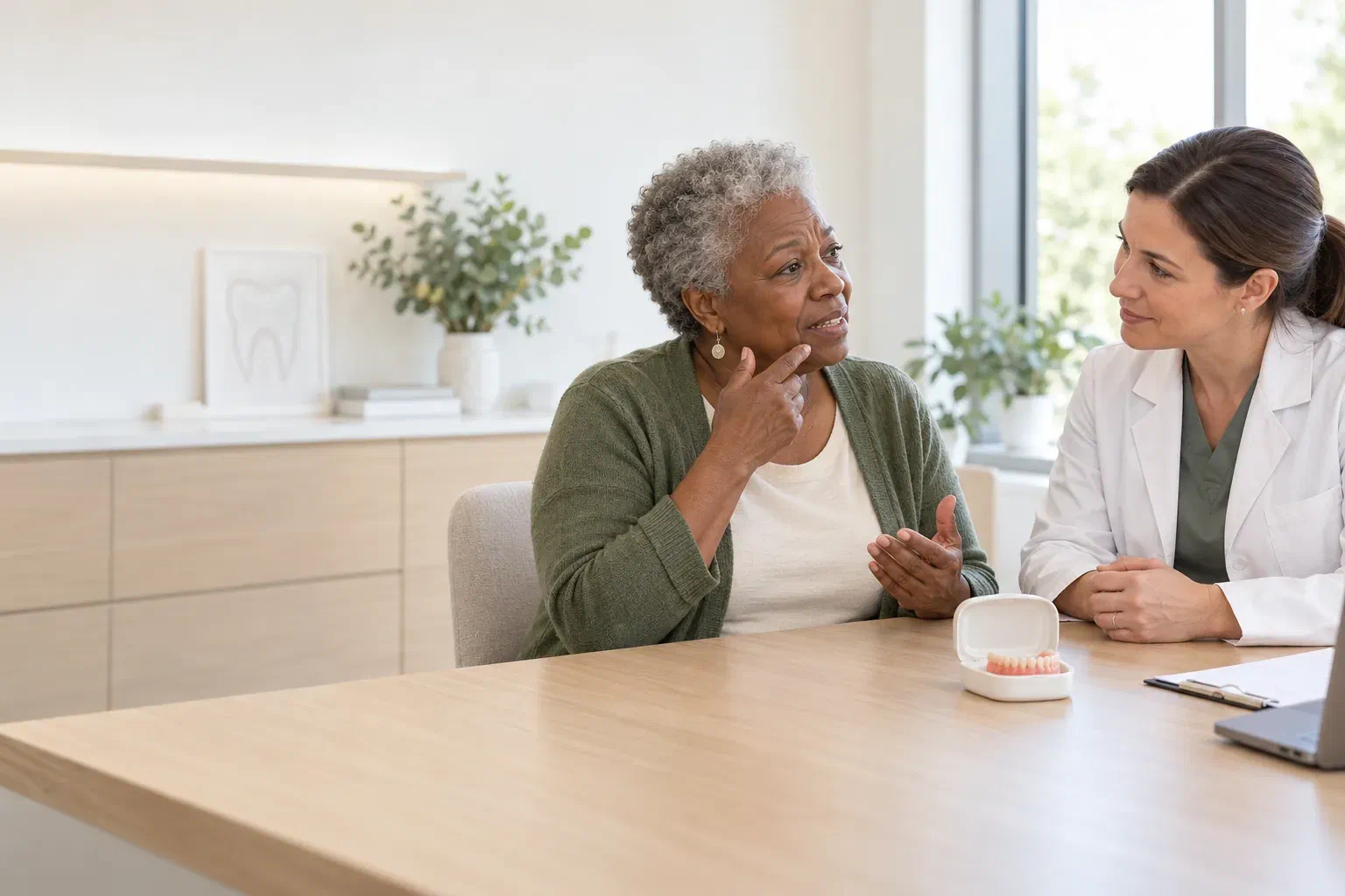 Illustrative patient describing denture comfort concerns to a dentist