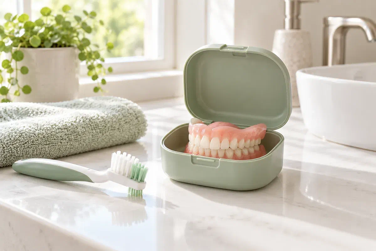 Clean denture set in a storage case beside a brush and towel