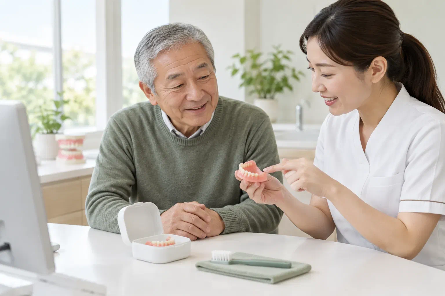 Illustrative patient receiving practical guidance about a new denture