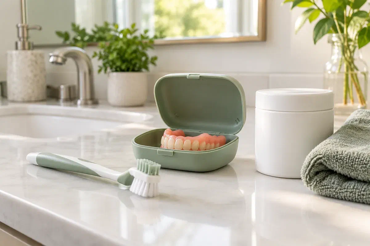 Denture storage case, soft brush, and unlabelled cleanser container