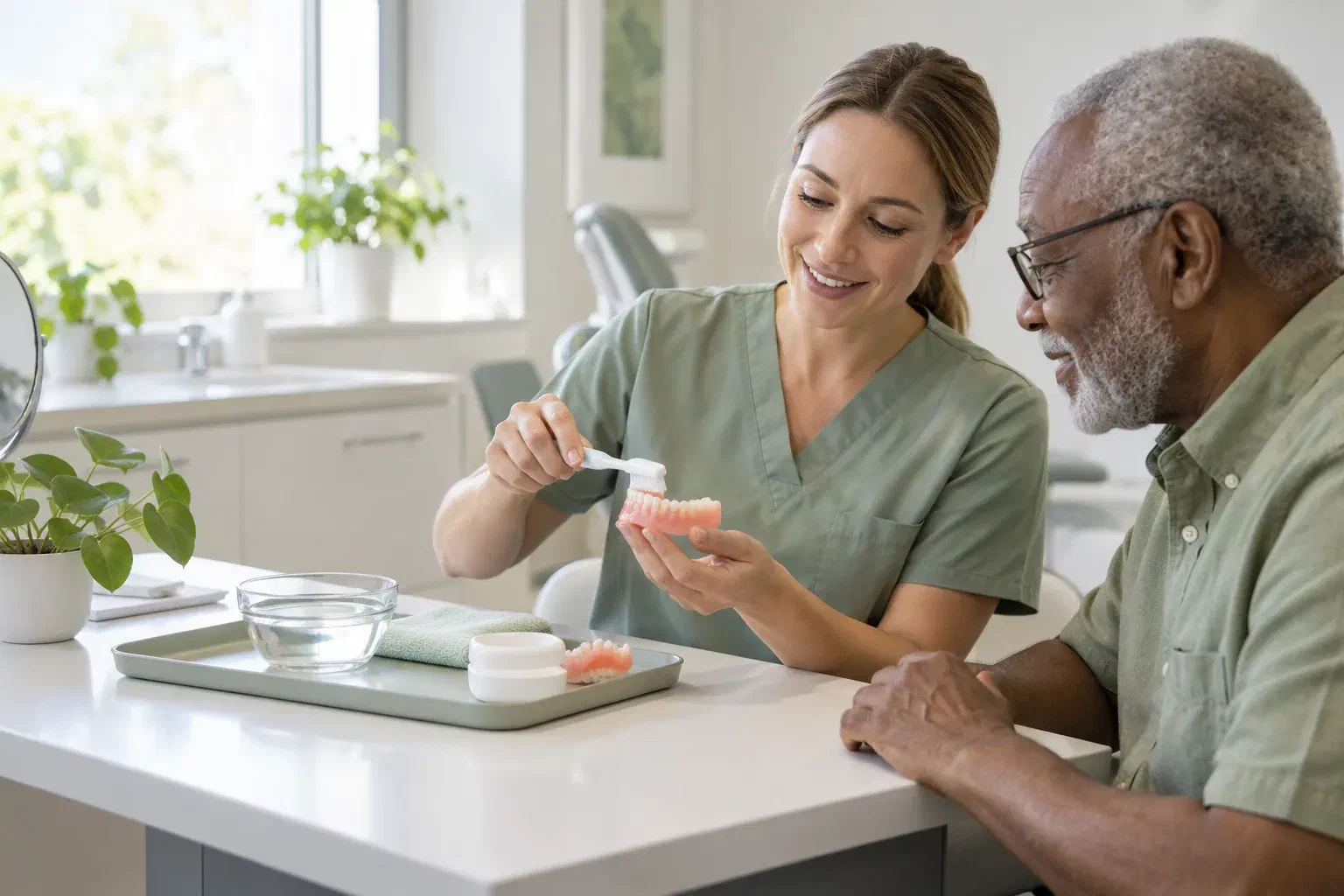 Illustrative hygienist reviewing denture care with a patient