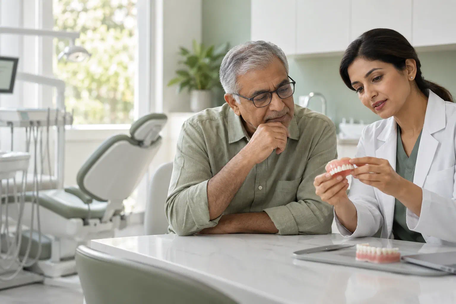 Illustrative dentist and patient reviewing the base of an existing denture