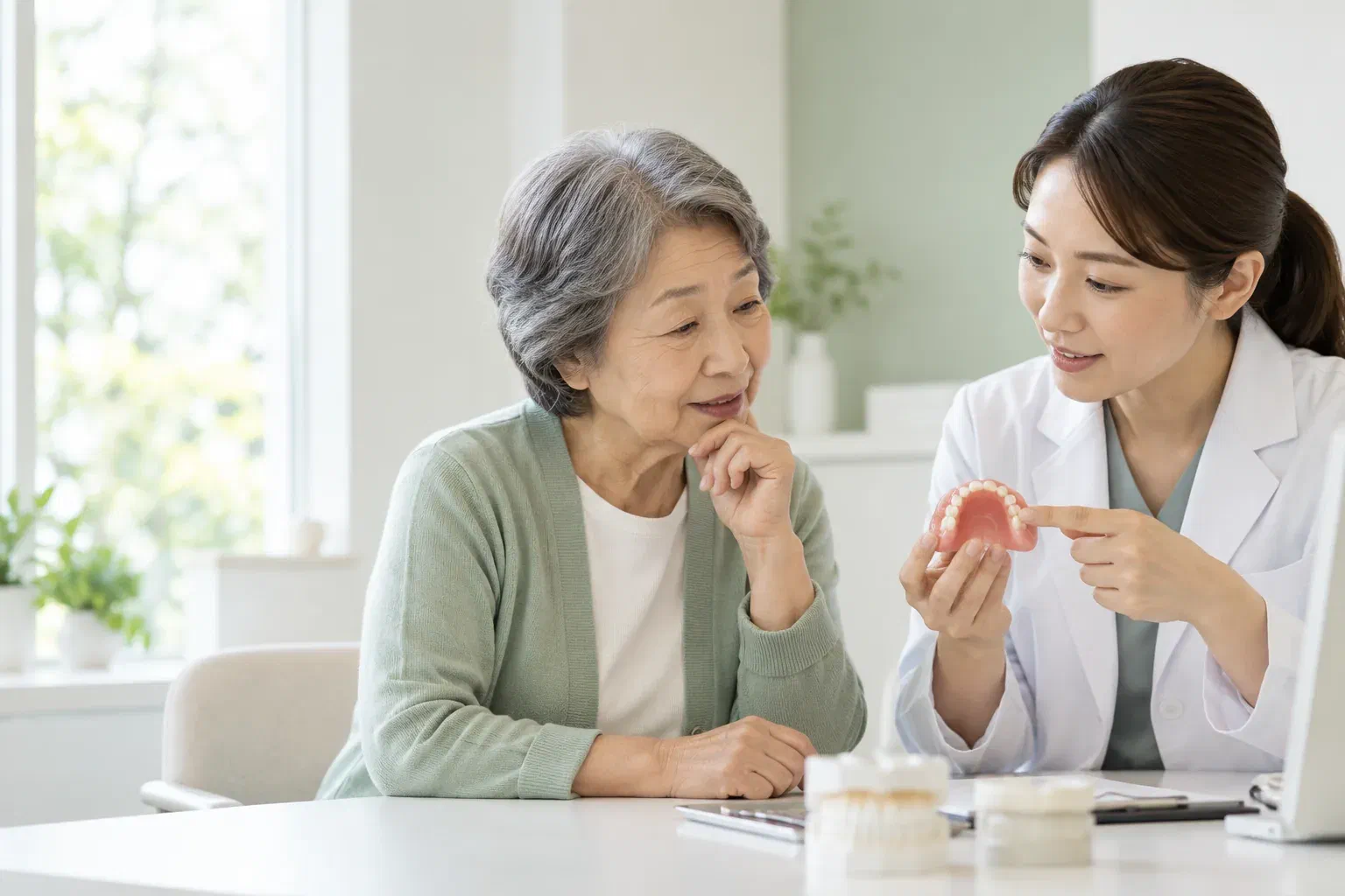 Illustrative patient and dentist discussing the fit of a removable denture