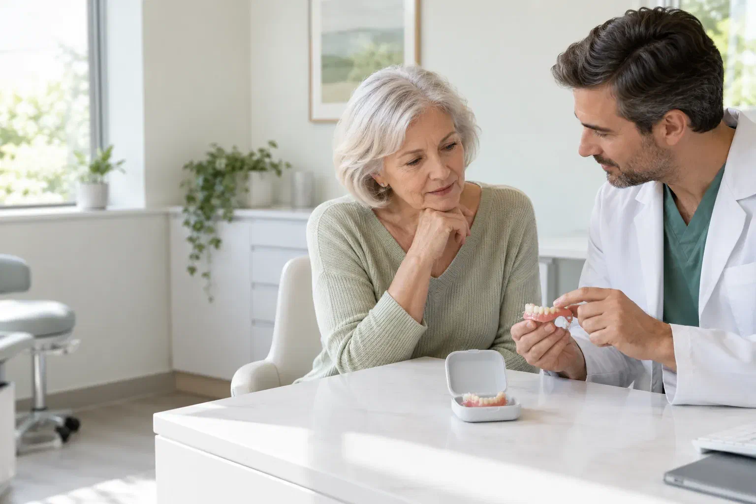 Illustrative dentist and patient discussing a damaged removable denture