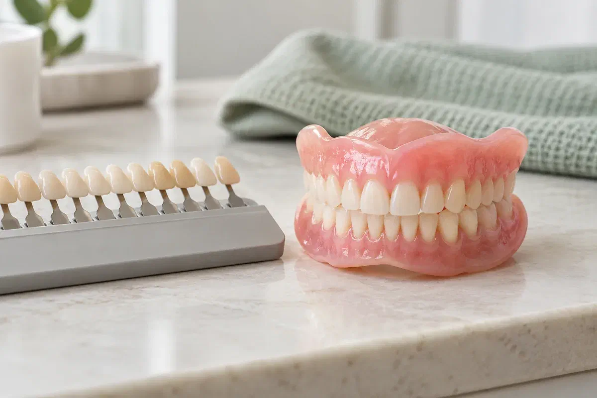 Complete denture set beside a tooth shade guide