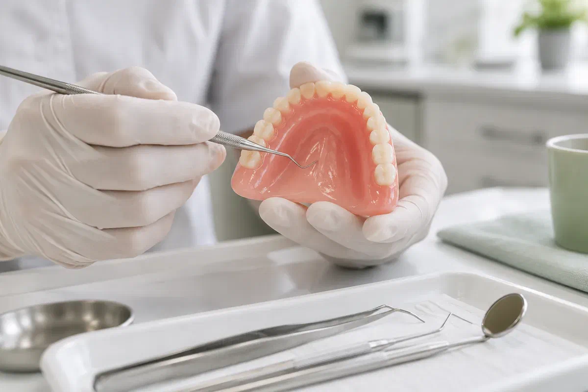 Dental professional inspecting the inner surface of a removable denture
