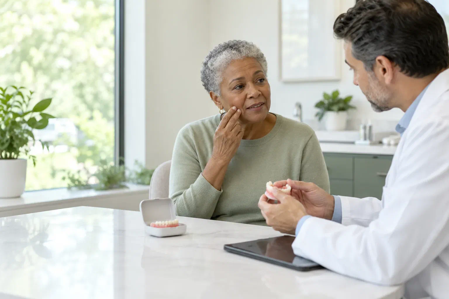 Illustrative patient describing denture discomfort during a consultation