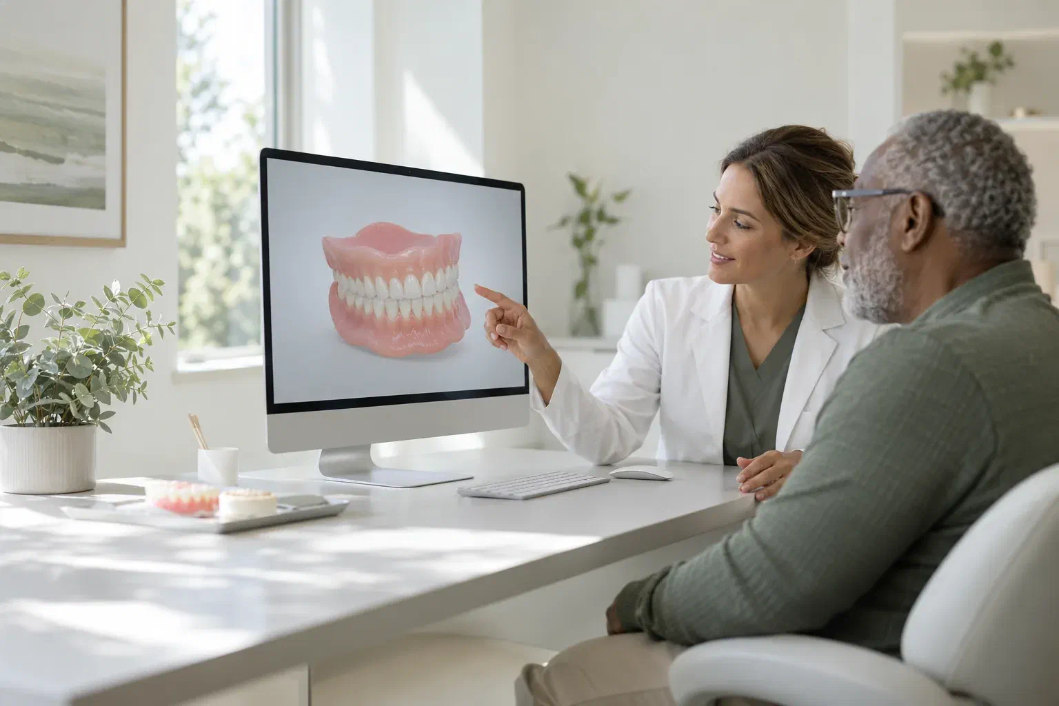 Illustrative patient and dentist reviewing a digital denture design