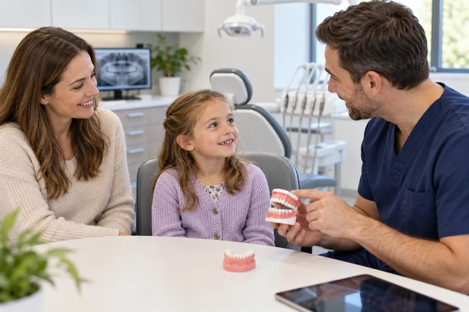 A child and parent speaking with a dental professional about developing teeth
