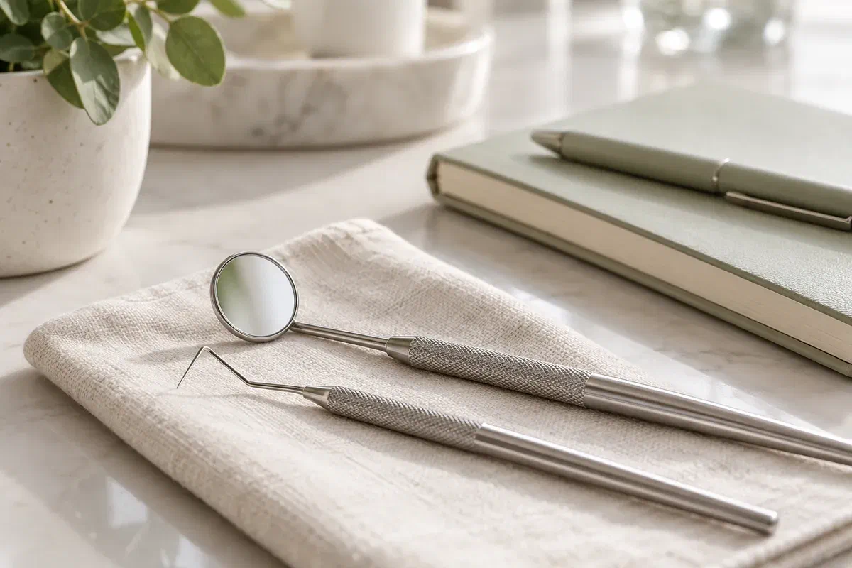 Illustrative dental examination instruments beside a notebook on a clean cloth