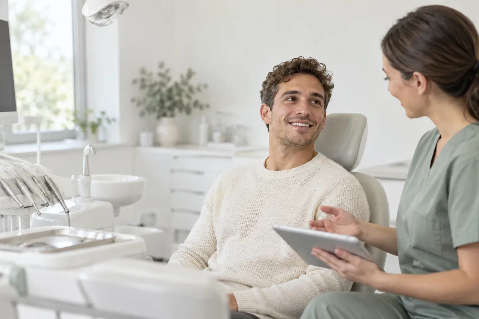 Illustrative patient explaining a dental concern before an examination