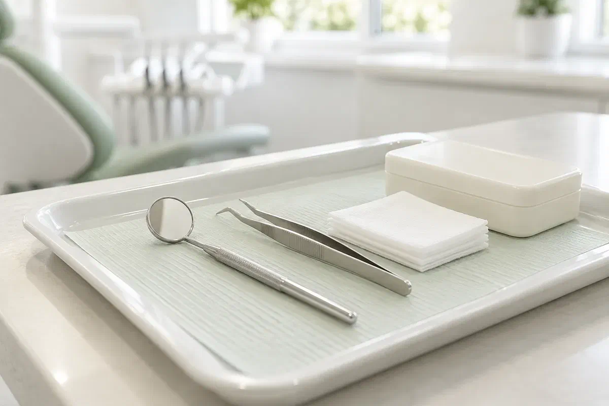 Illustrative prepared dental tray with a mirror, tweezers, and clean gauze