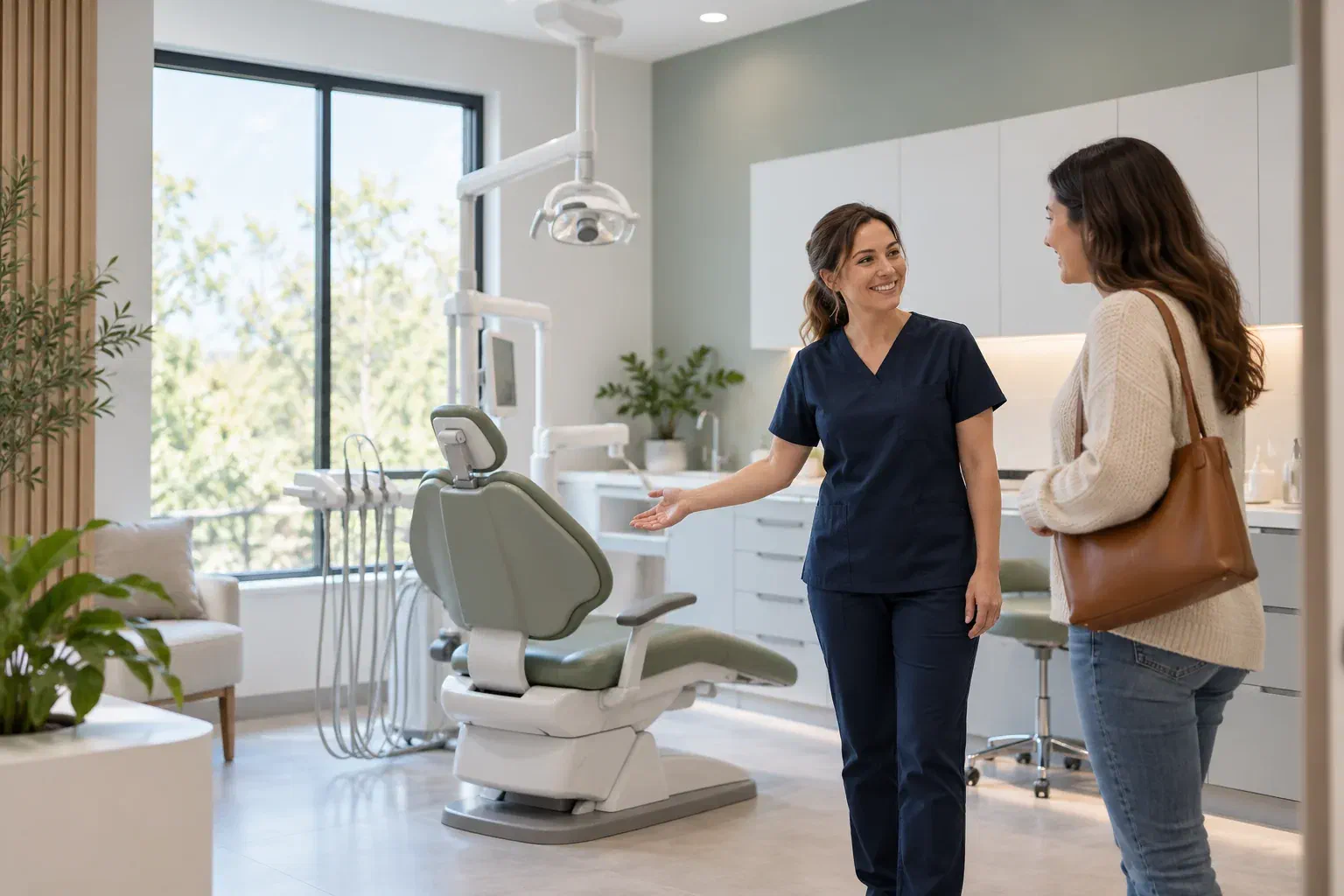 A dentist welcoming a patient into a calm dental treatment room