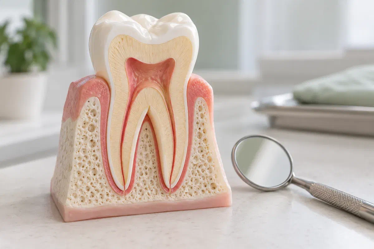 Illustrative physical molar cross-section showing the pulp chamber and root canals