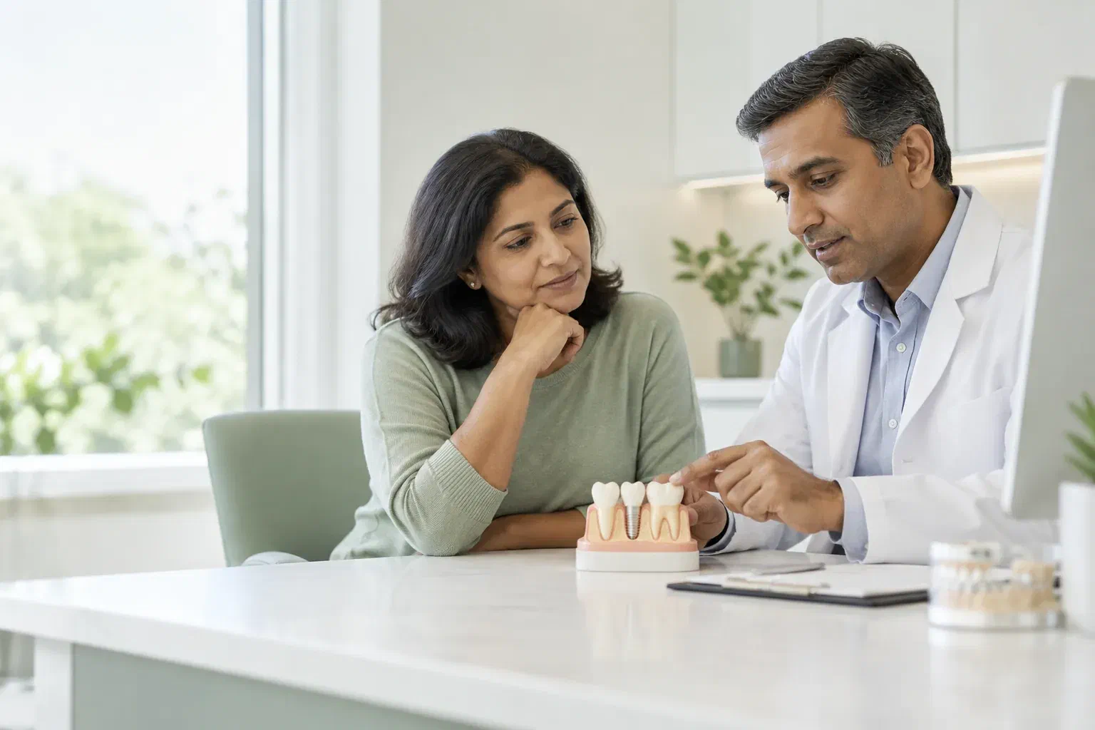Illustrative consultation about tooth extraction and implant timing