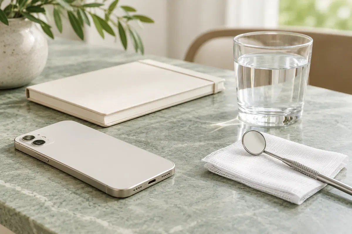 Illustrative phone and notebook beside a dental mirror, emphasizing prompt contact for assessment