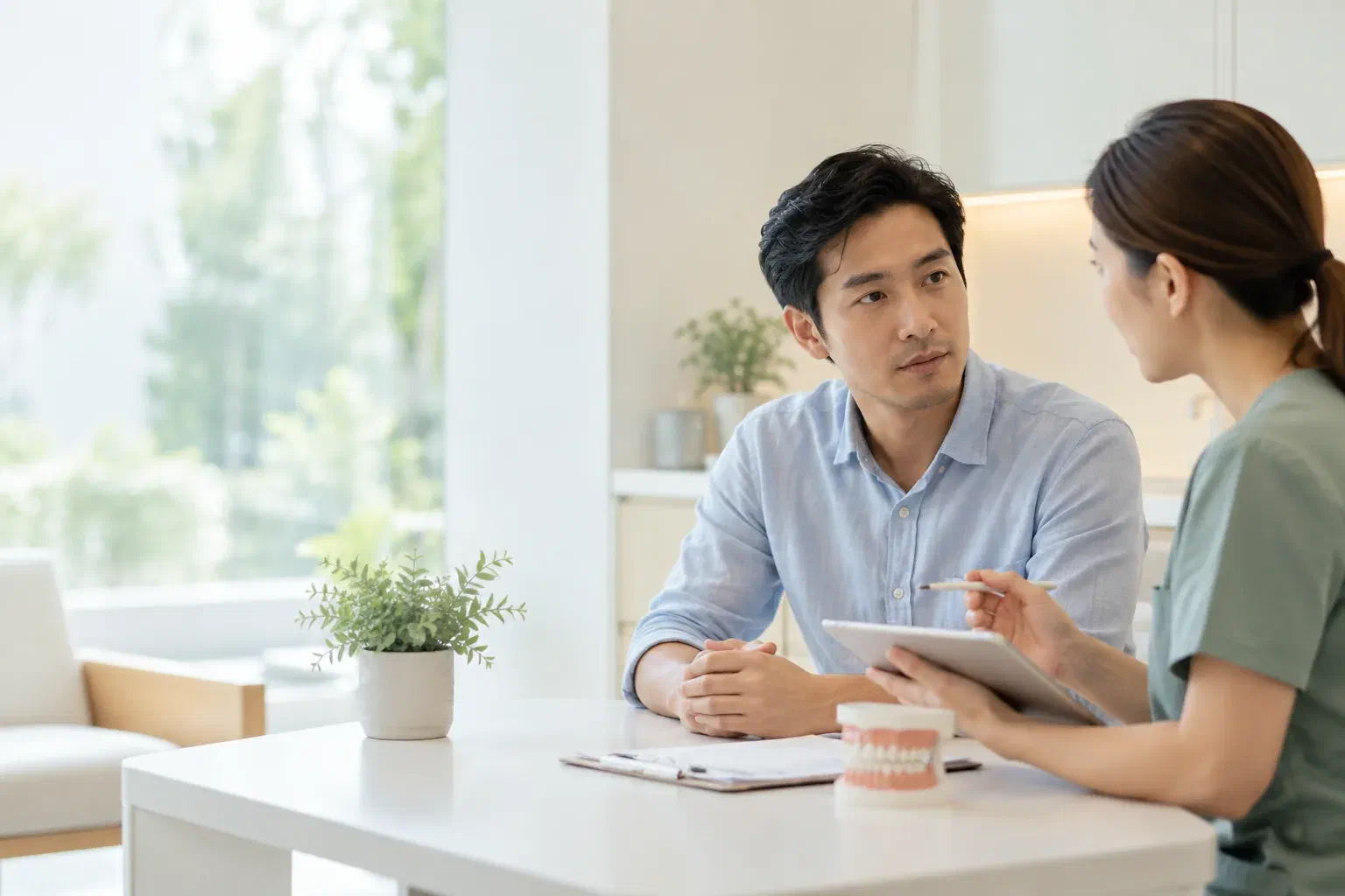 Illustrative patient explaining a dental infection concern to a clinician