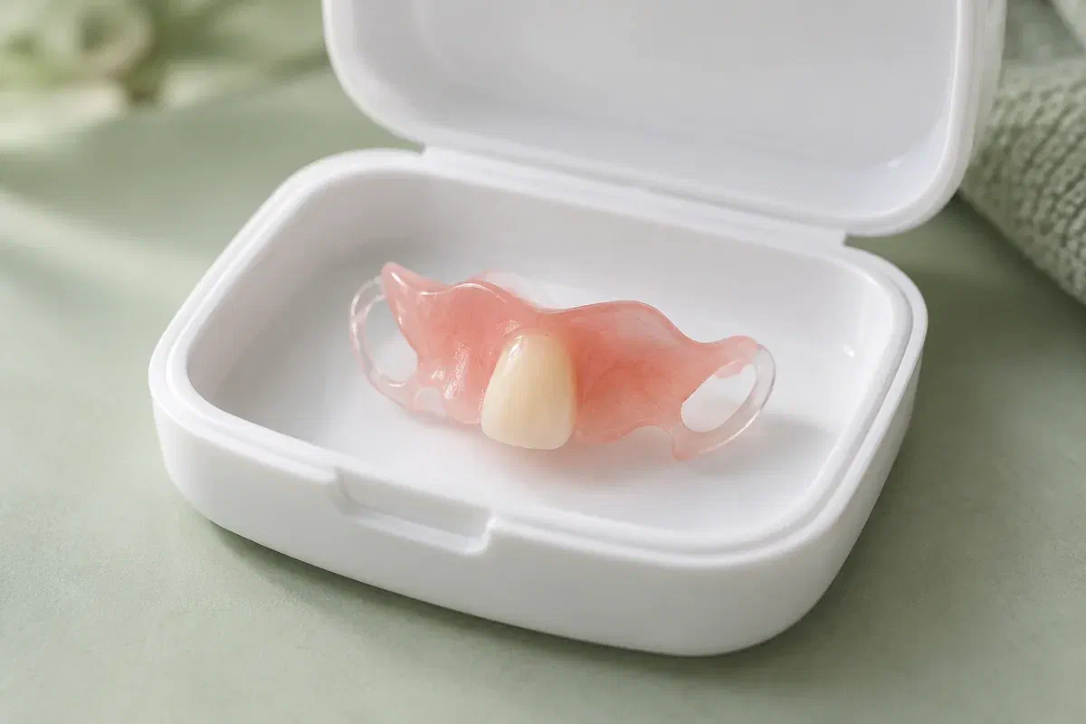 Small acrylic temporary partial denture resting in an appliance case