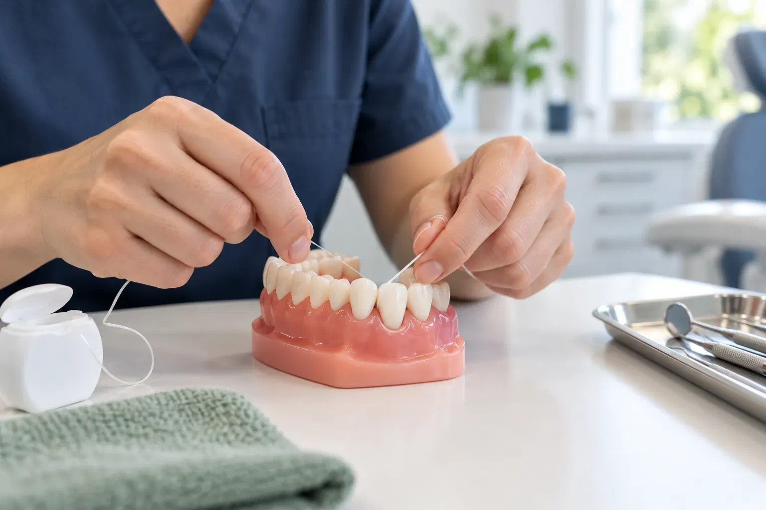 A dental professional demonstrating flossing on a teaching model