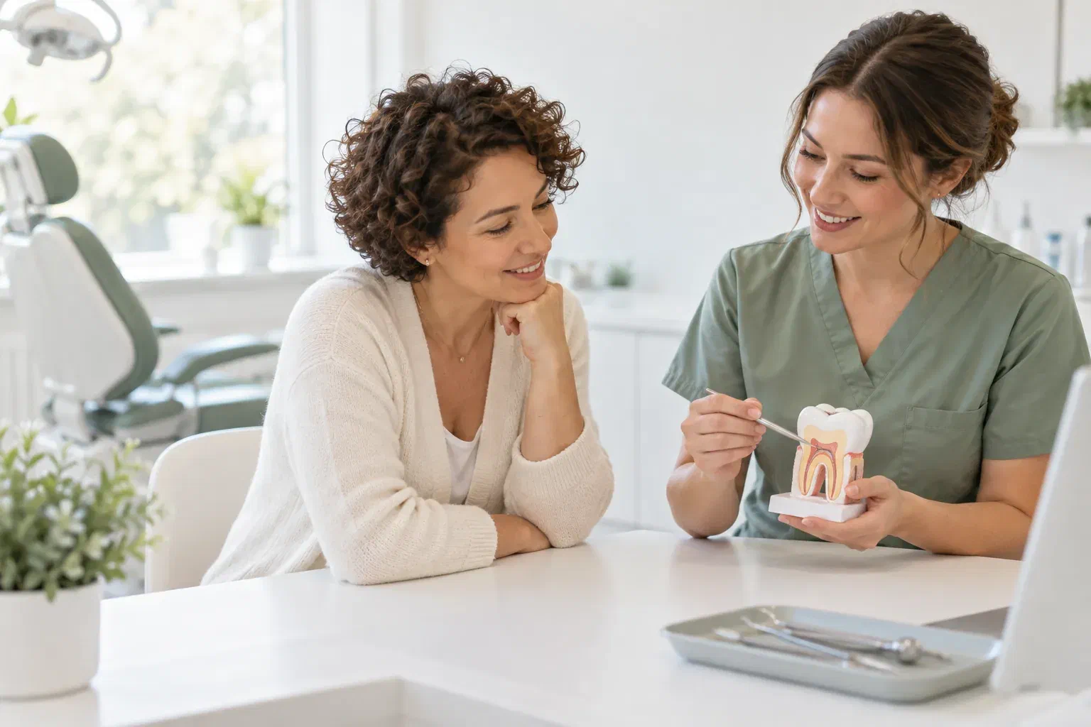 Illustrative patient discussing tooth spacing and bonding with a dental clinician