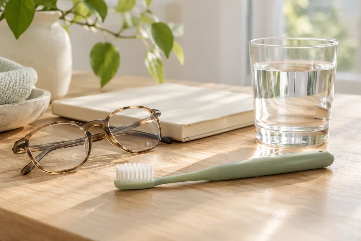 Illustrative reading glasses, a notebook, water, and a toothbrush with a wider handle