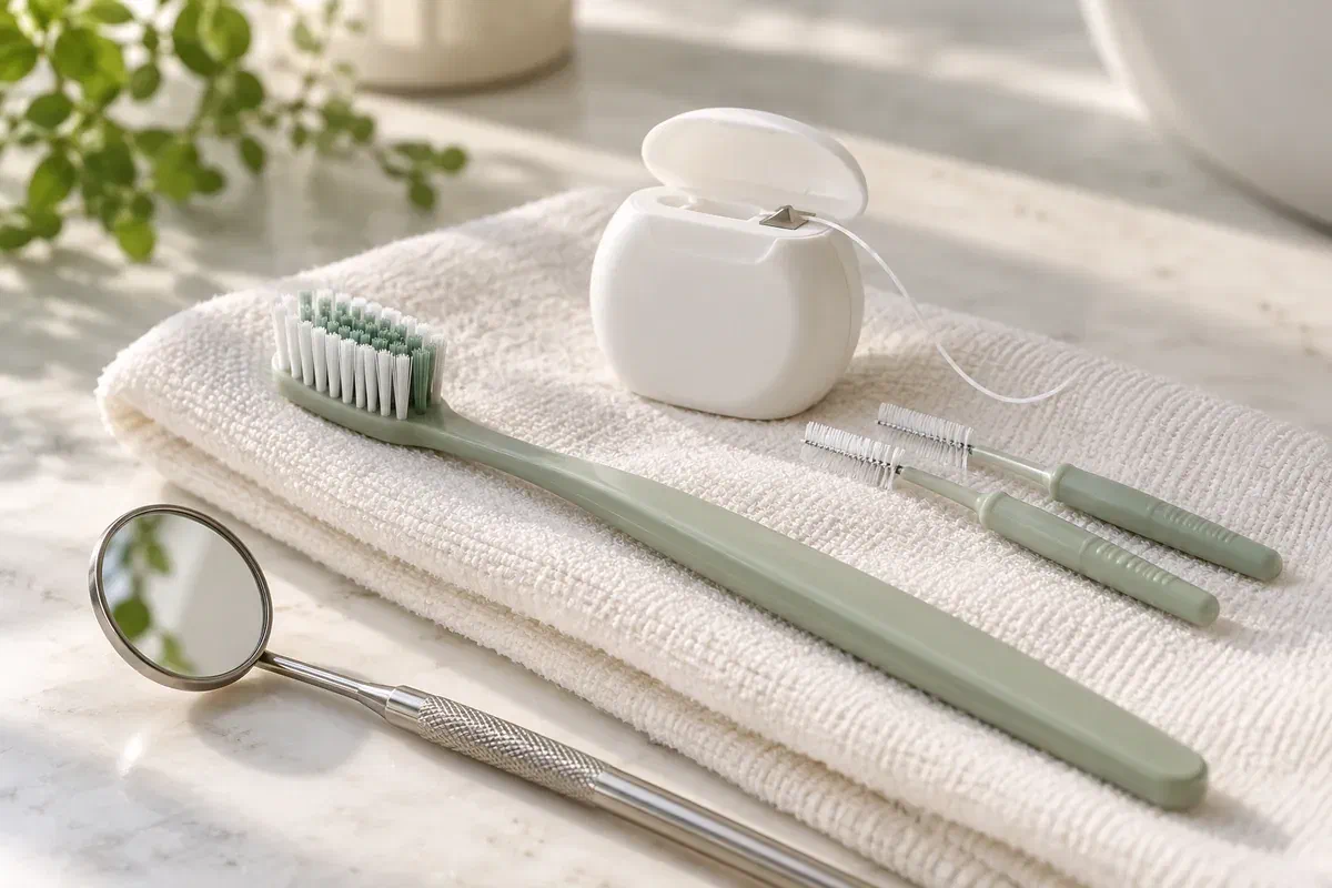Illustrative soft toothbrush, floss, interdental brushes, and dental mirror on an ivory towel