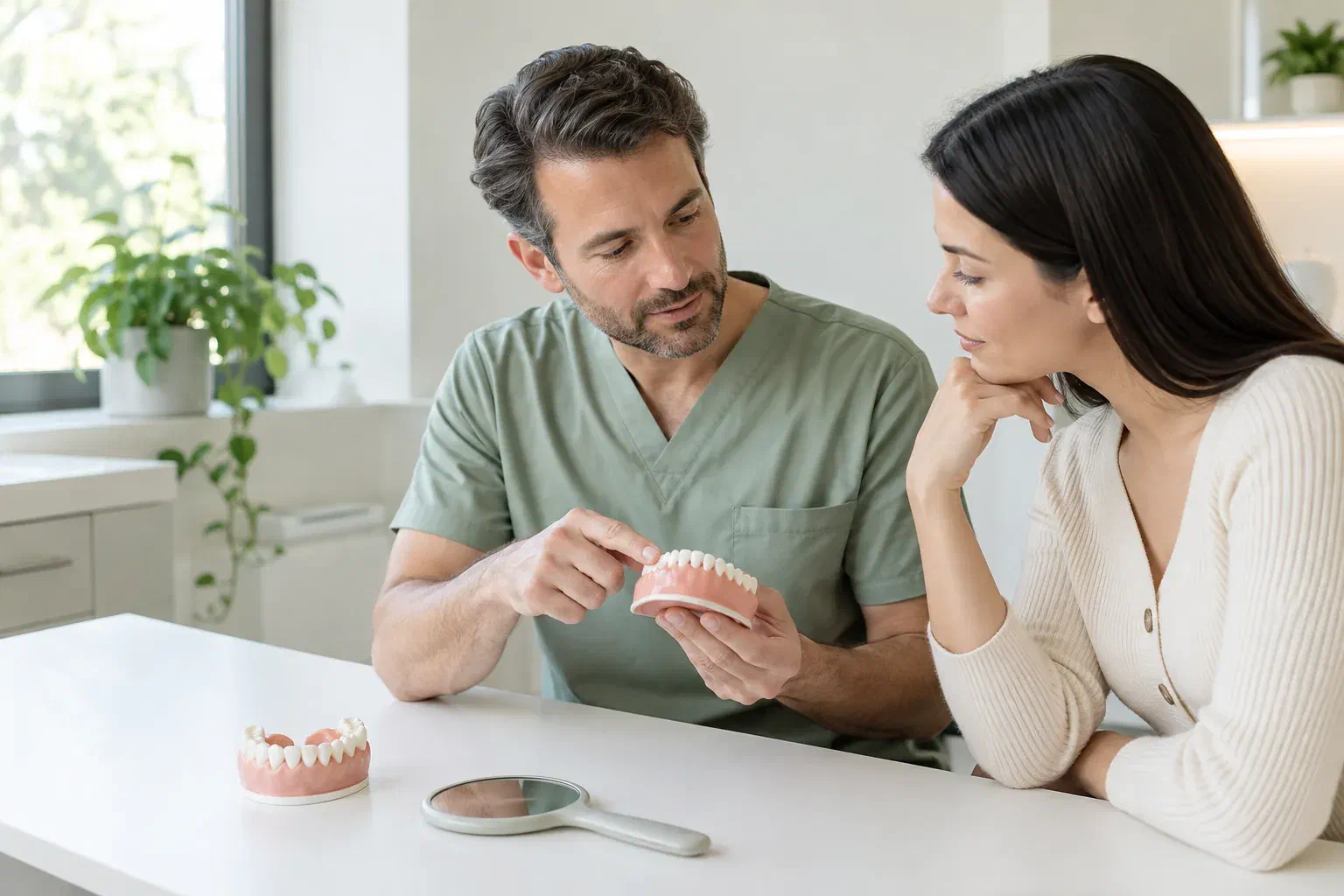 Illustrative patient discussing the appearance of her gumline with a dental clinician