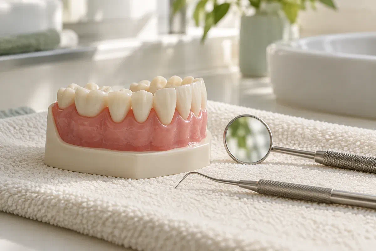 Illustrative tooth-and-gum model beside a periodontal probe and dental mirror