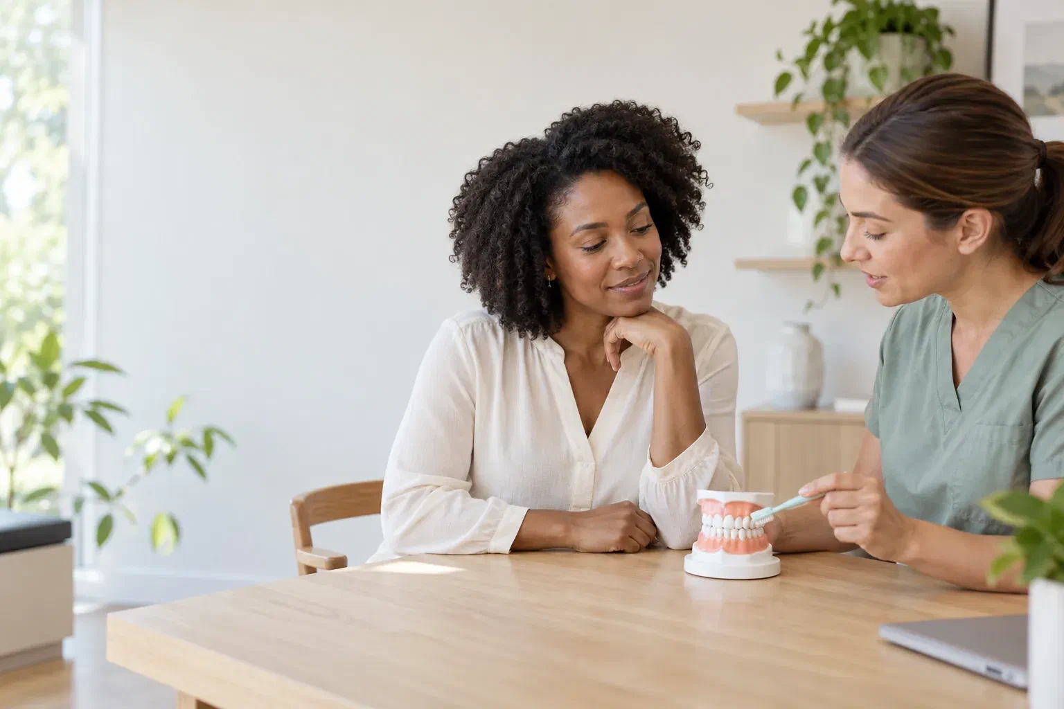 Illustrative patient discussing a daily gum-care routine with a dental clinician