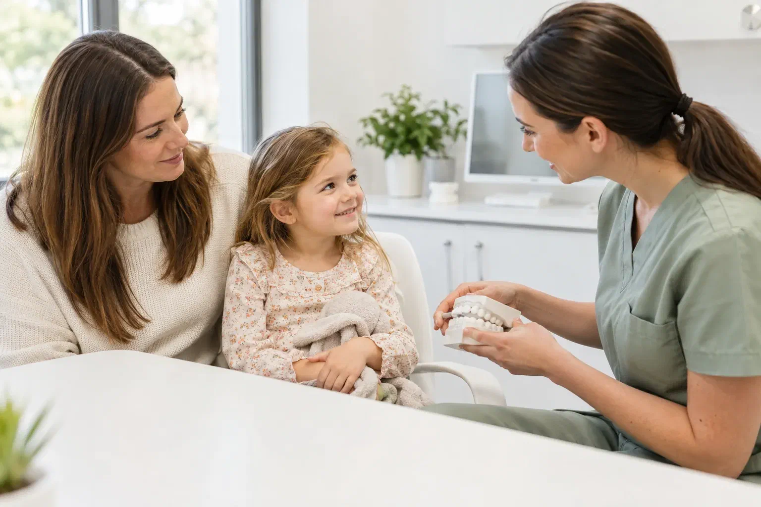 Illustrative child and parent having a supportive dental conversation