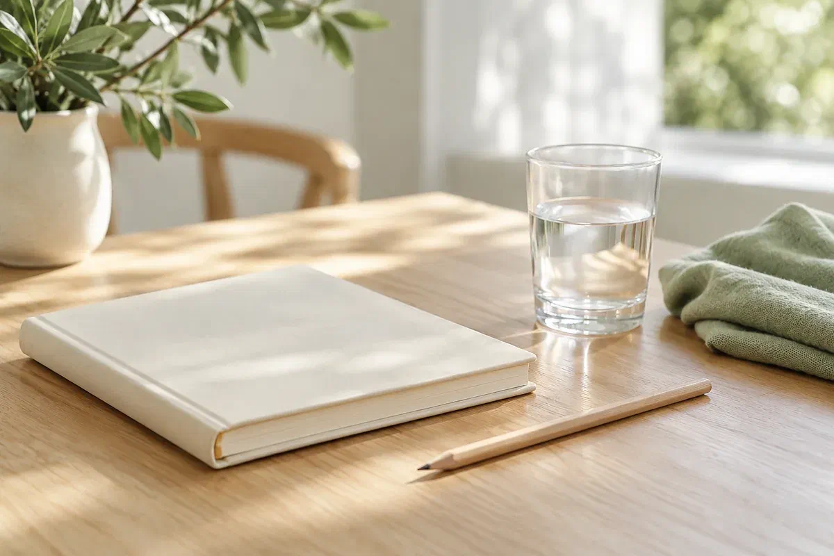Illustrative notebook, pencil, and glass of water for preparing a symptom history