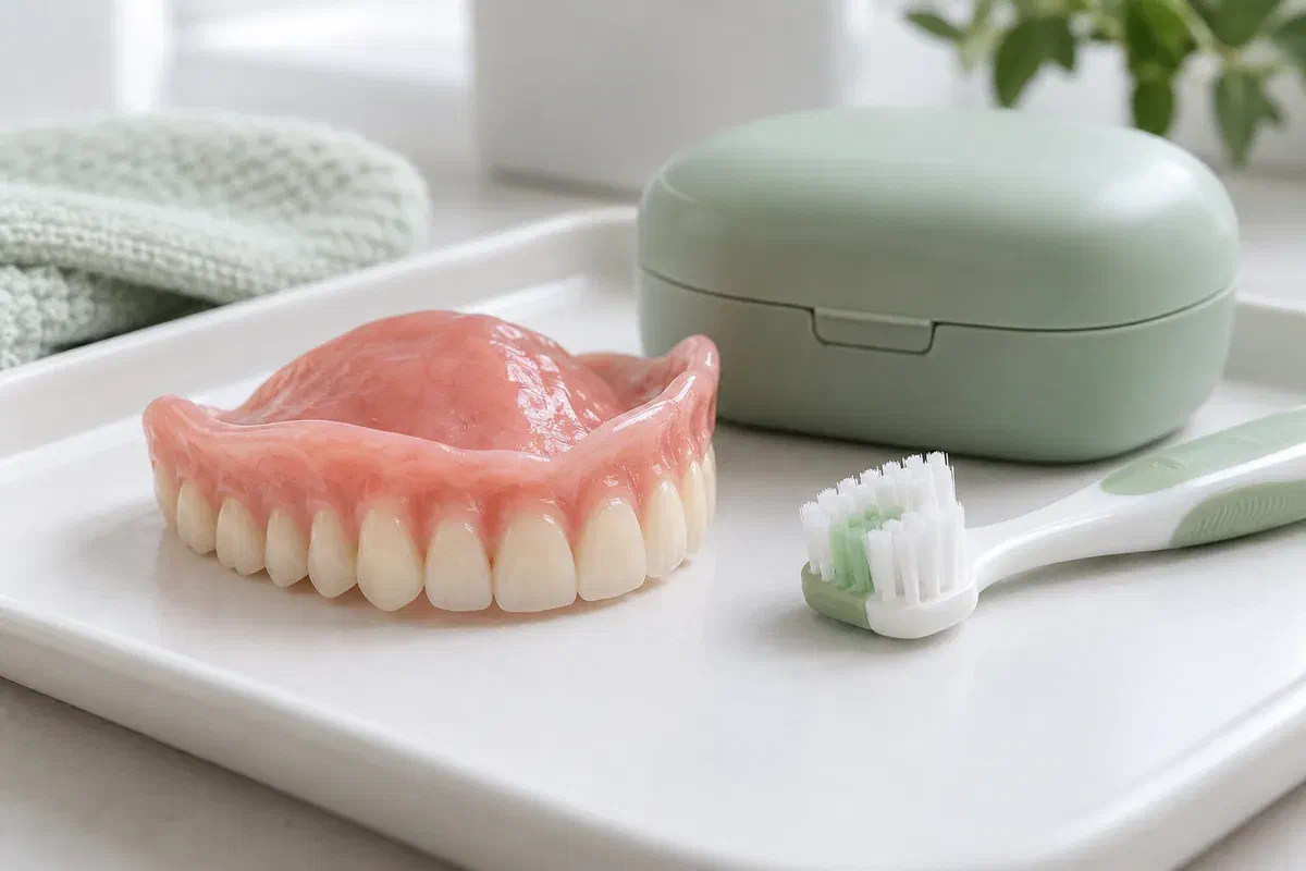 Complete removable denture beside a protective case and denture brush