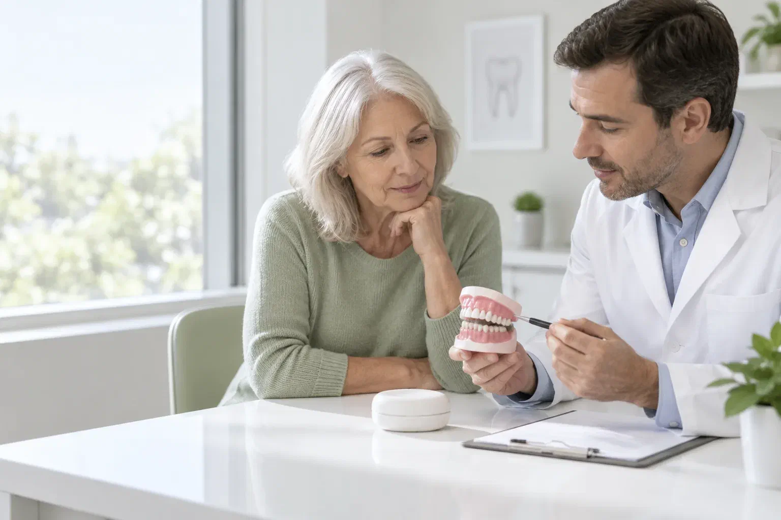 Illustrative patient and dentist planning dentures before tooth removal